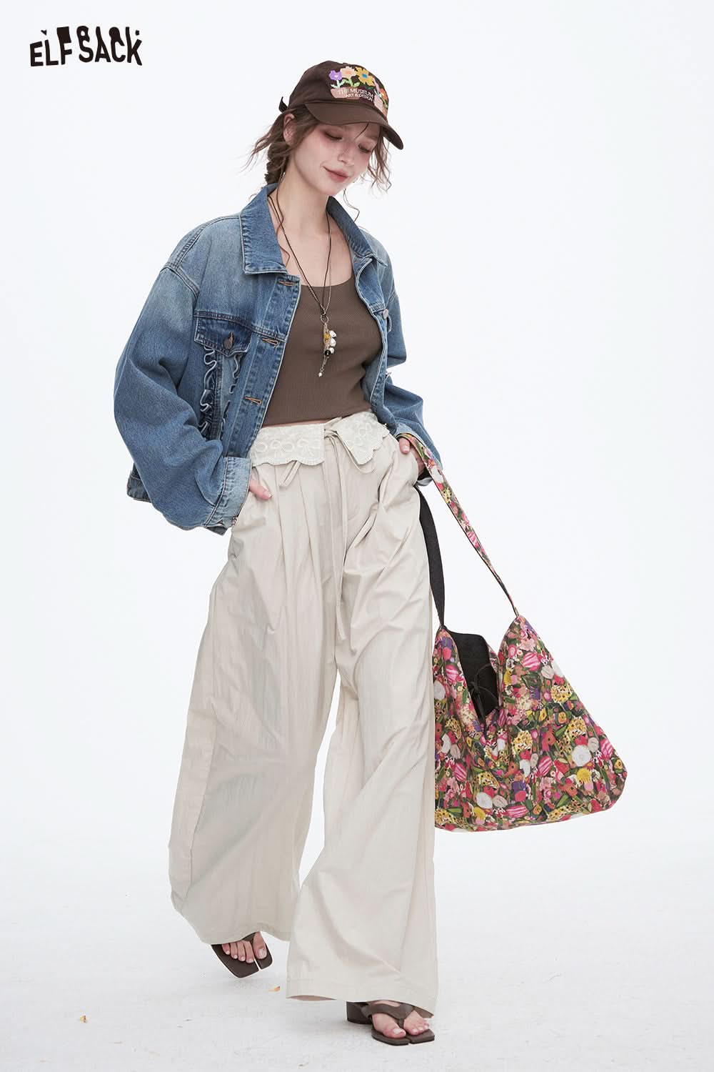 ELFSACK Bow Lace Stitching Pants Women Casual Sweet Lace-up White Wide Leg Pants