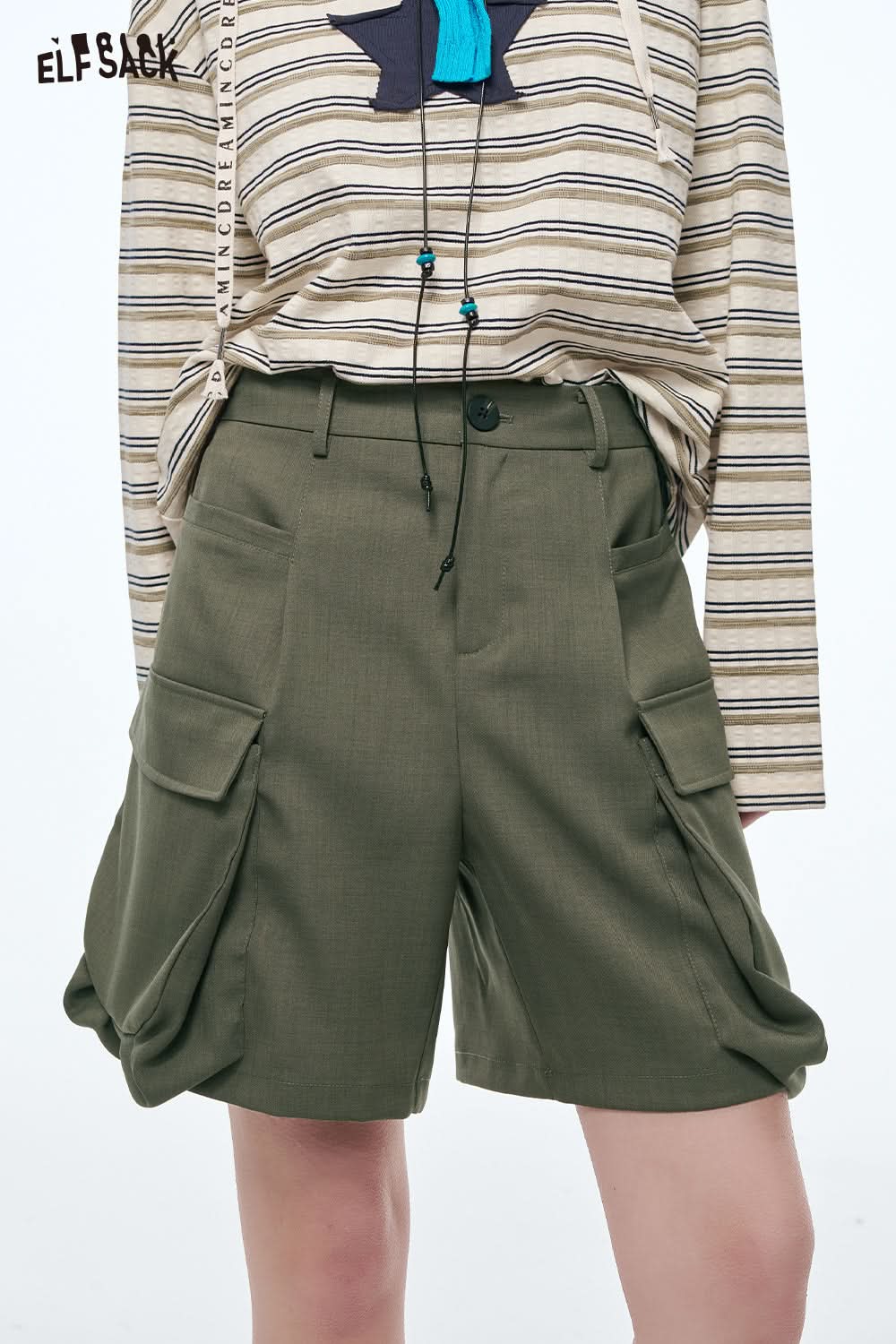 ELFSACK Vintage Cargo Shorts Women Loose Wide Leg Shorts Casual Streetwear