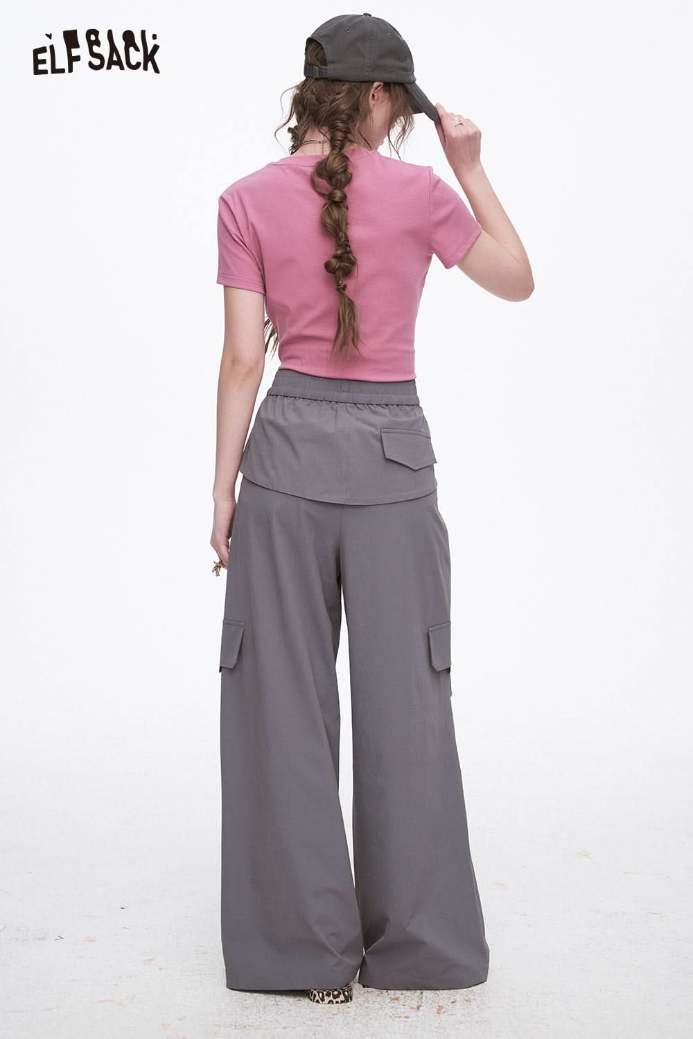 ELFSACK Grey Casual Lace-Up Cargo Pants Elastic Waist Wide Leg Pants Woman