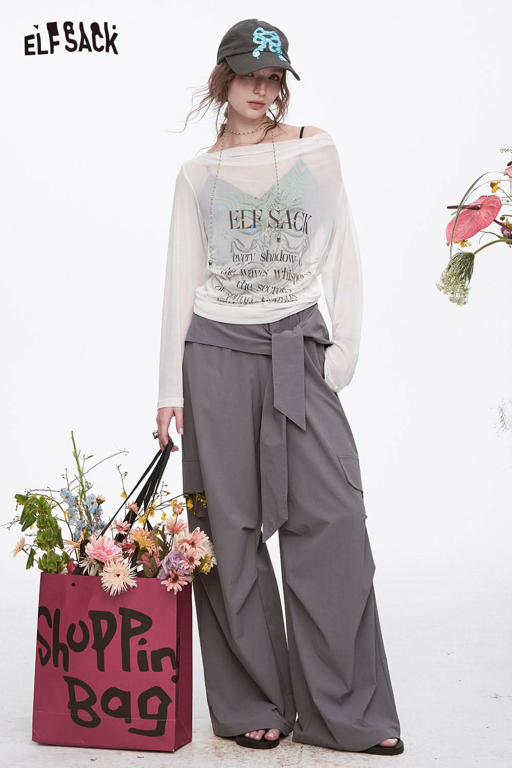 ELFSACK Grey Casual Lace-Up Cargo Pants Elastic Waist Wide Leg Pants Woman