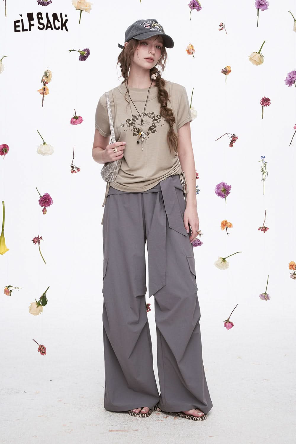 ELFSACK Grey Casual Lace-Up Cargo Pants Elastic Waist Wide Leg Pants Woman