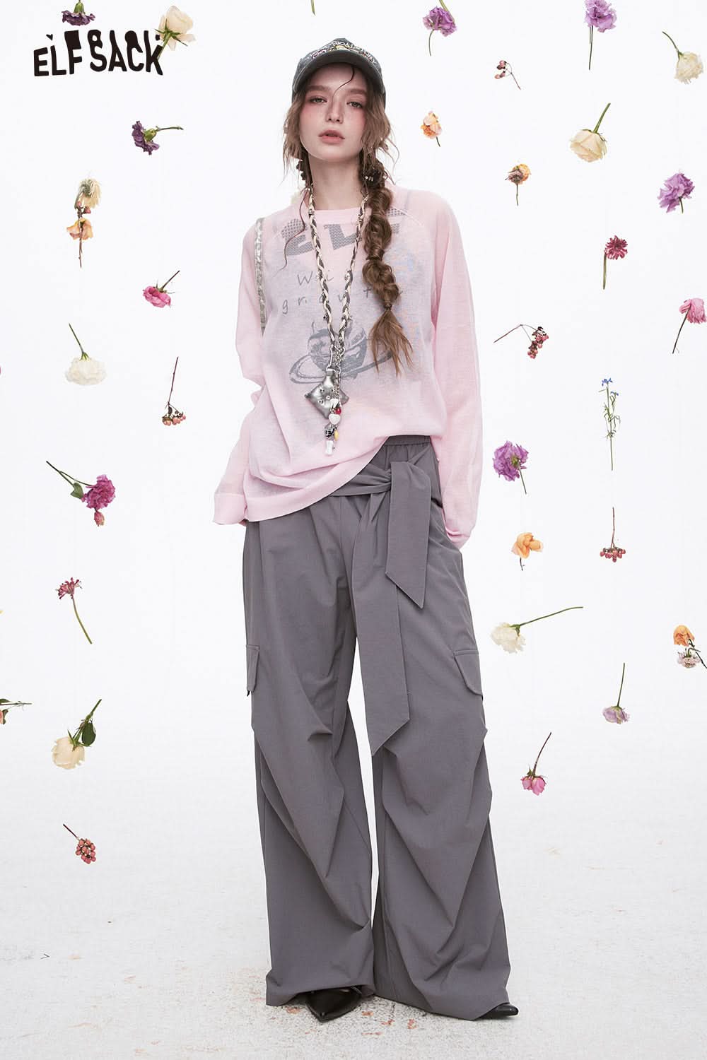 ELFSACK Grey Casual Lace-Up Cargo Pants Elastic Waist Wide Leg Pants Woman