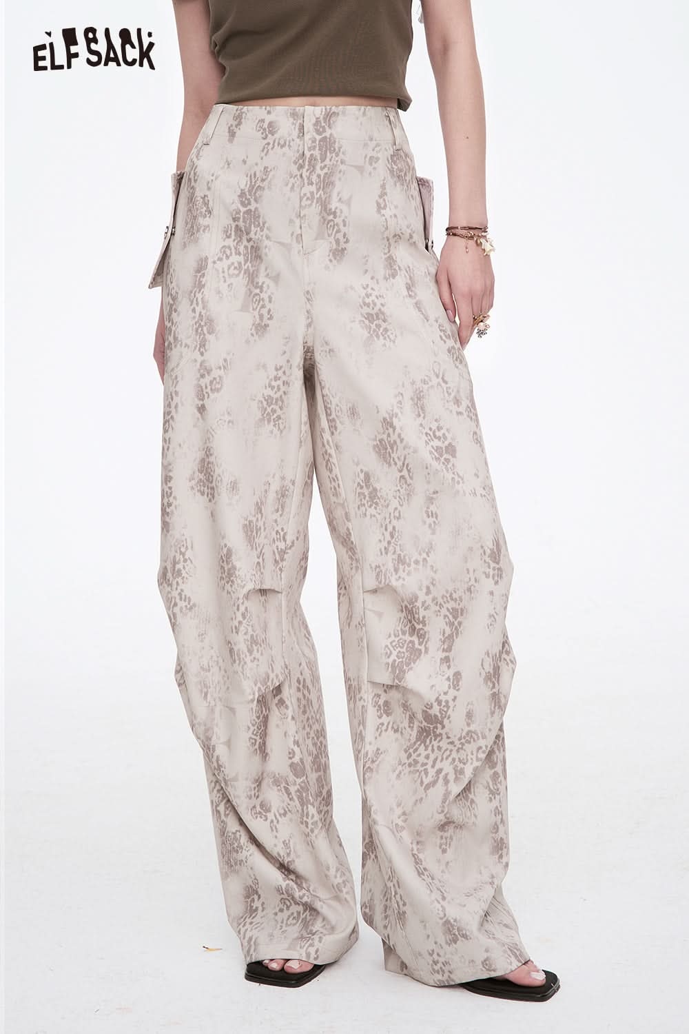 ELFSACK Y2K Leopard Pleated Wide Leg Pants Woman Vintage Casual Pants