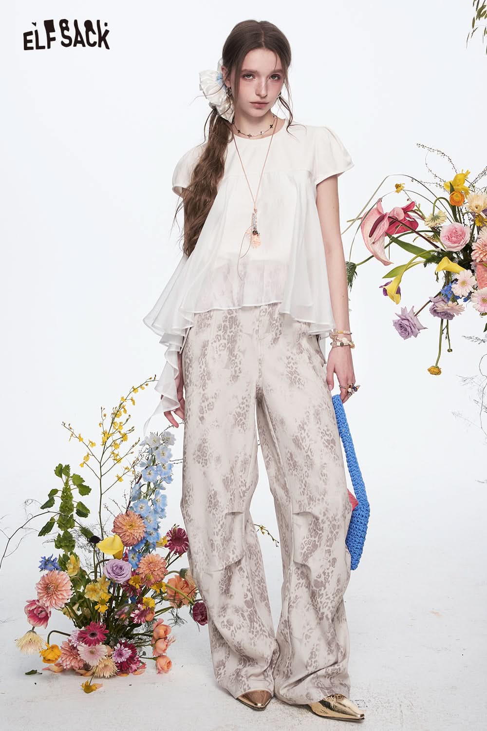 ELFSACK Y2K Leopard Pleated Wide Leg Pants Woman Vintage Casual Pants