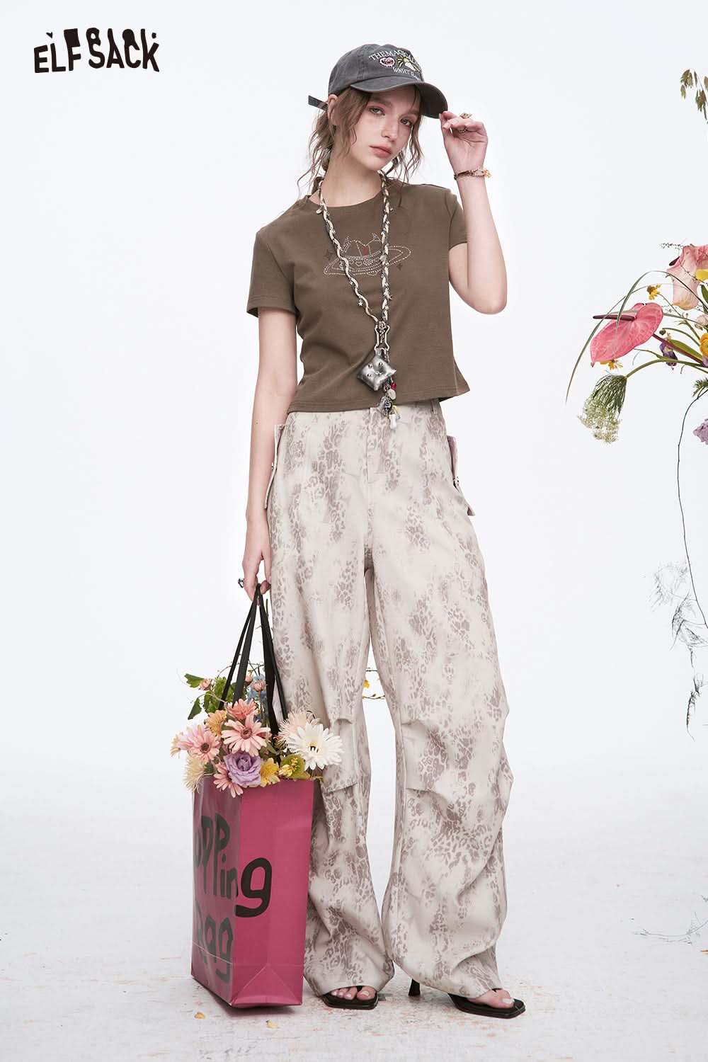 ELFSACK Y2K Leopard Pleated Wide Leg Pants Woman Vintage Casual Pants