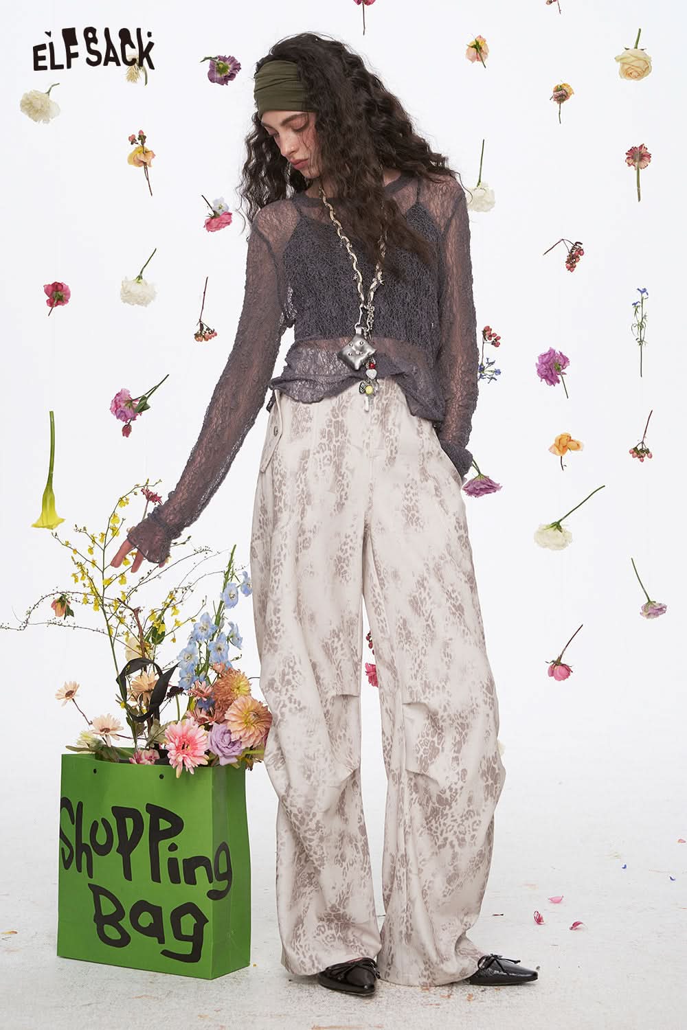 ELFSACK Y2K Leopard Pleated Wide Leg Pants Woman Vintage Casual Pants