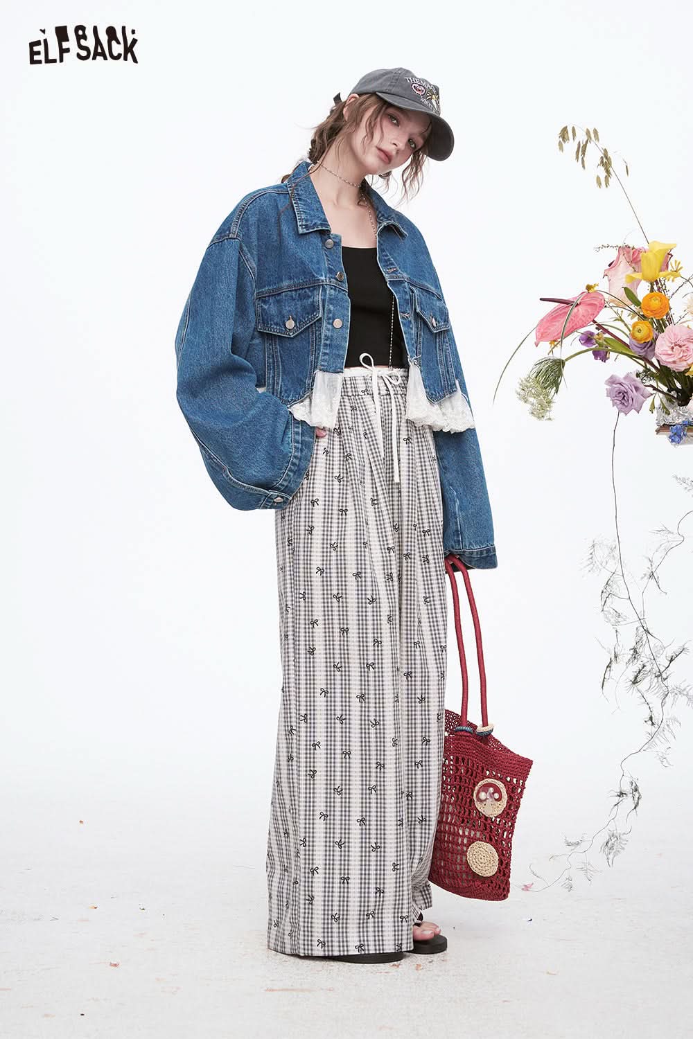 ELFSACK Sweet Casual Lace Plaid Wide Leg Pants Woman