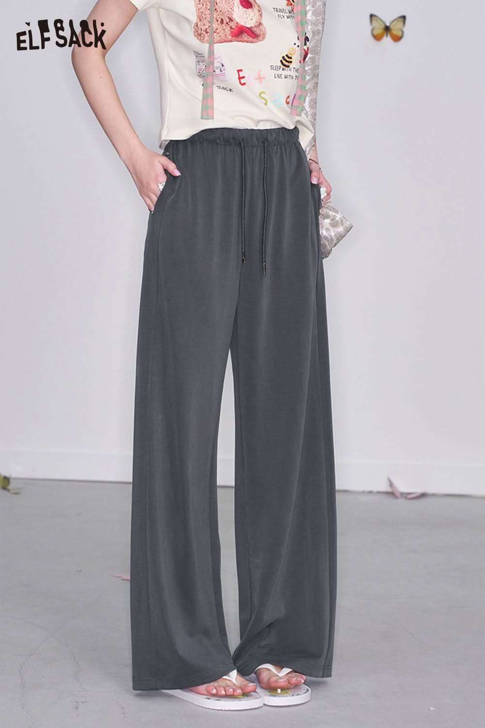 ELFSACK Y2K Retro Grey High Waist Drawstring Straight Pants Women Loose All-match Sweatpants