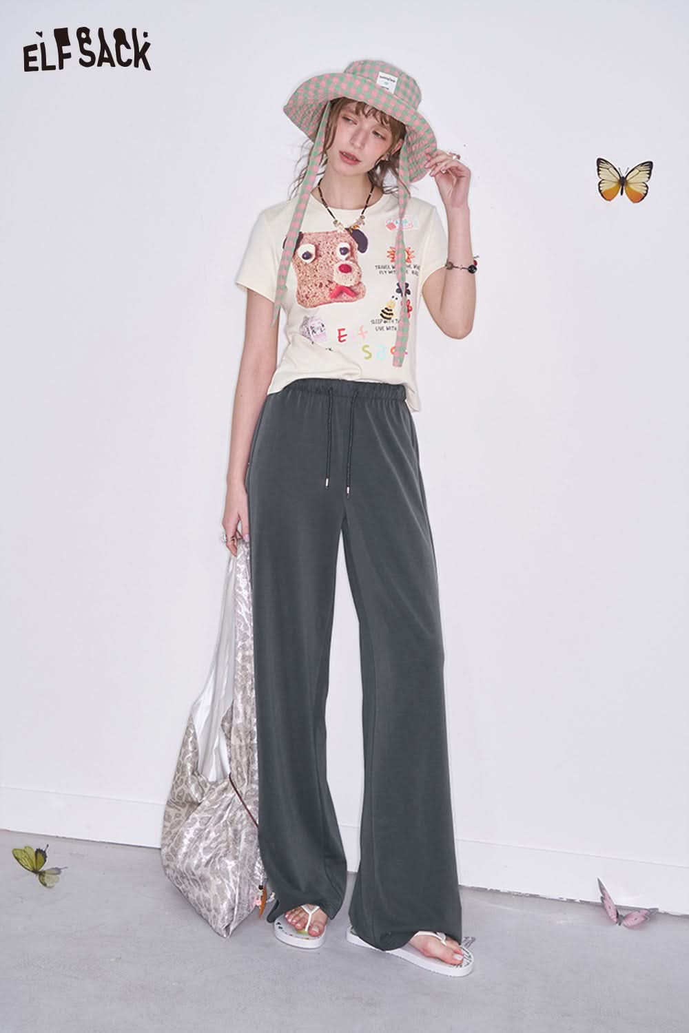 ELFSACK Y2K Retro Grey High Waist Drawstring Straight Pants Women Loose All-match Sweatpants