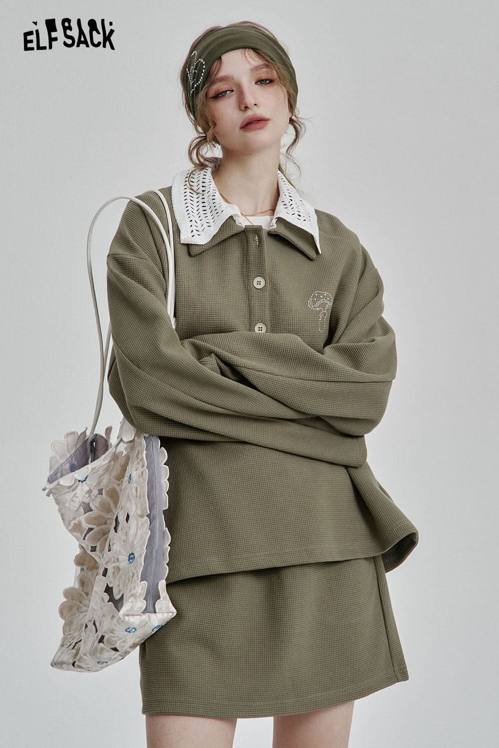 ELFSACK Casual Long Sleeve Polo Shirt Short Skirt Two-piece Suit Women Retro Waffle Sports Suit