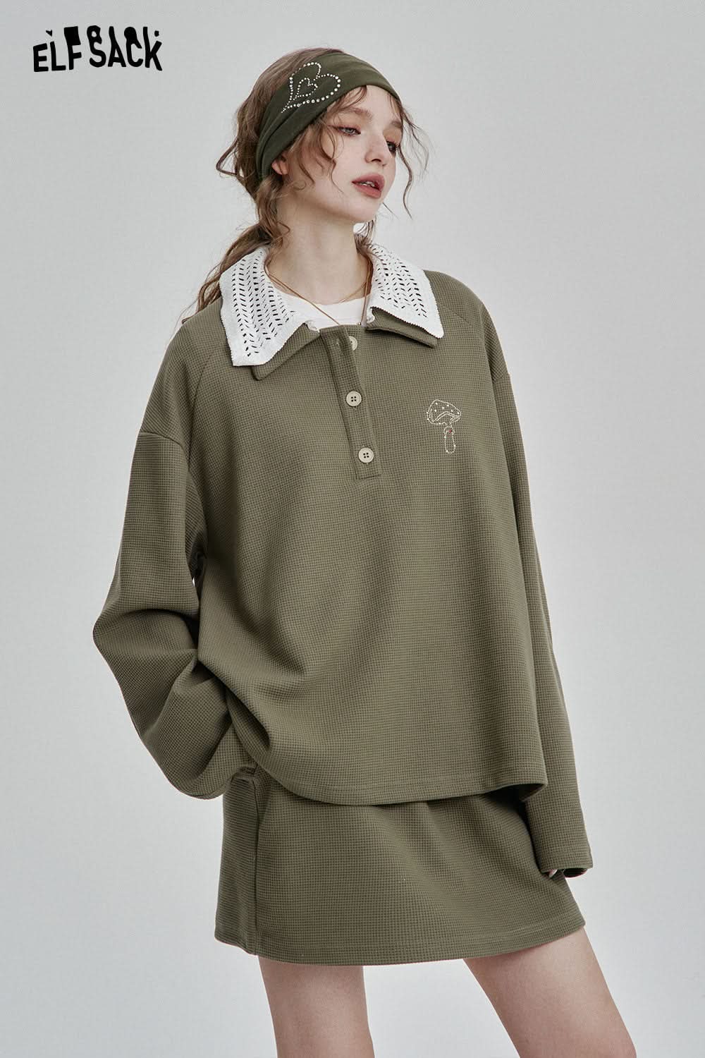 ELFSACK Casual Long Sleeve Polo Shirt Short Skirt Two-piece Suit Women Retro Waffle Sports Suit