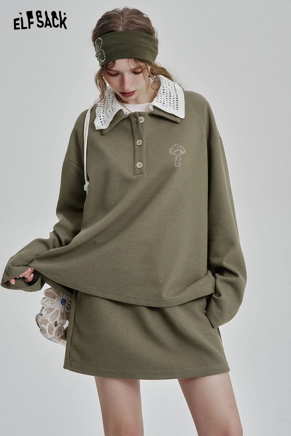 ELFSACK Casual Long Sleeve Polo Shirt Short Skirt Two-piece Suit Women Retro Waffle Sports Suit