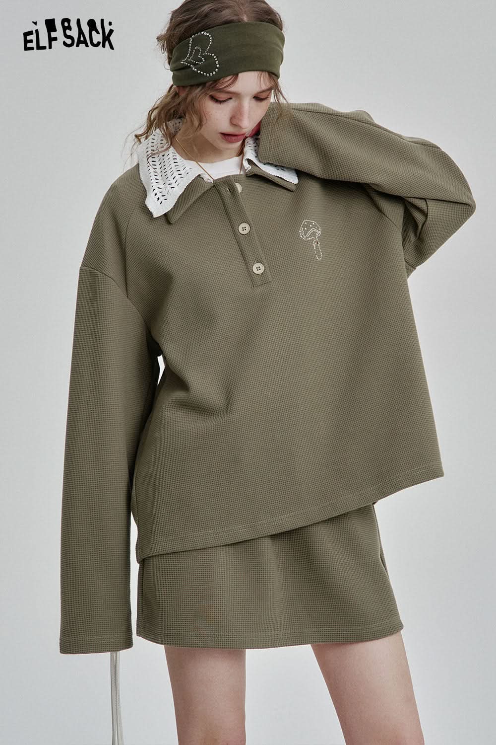 ELFSACK Casual Long Sleeve Polo Shirt Short Skirt Two-piece Suit Women Retro Waffle Sports Suit