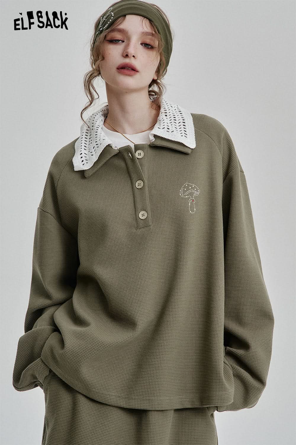 ELFSACK Casual Long Sleeve Polo Shirt Short Skirt Two-piece Suit Women Retro Waffle Sports Suit