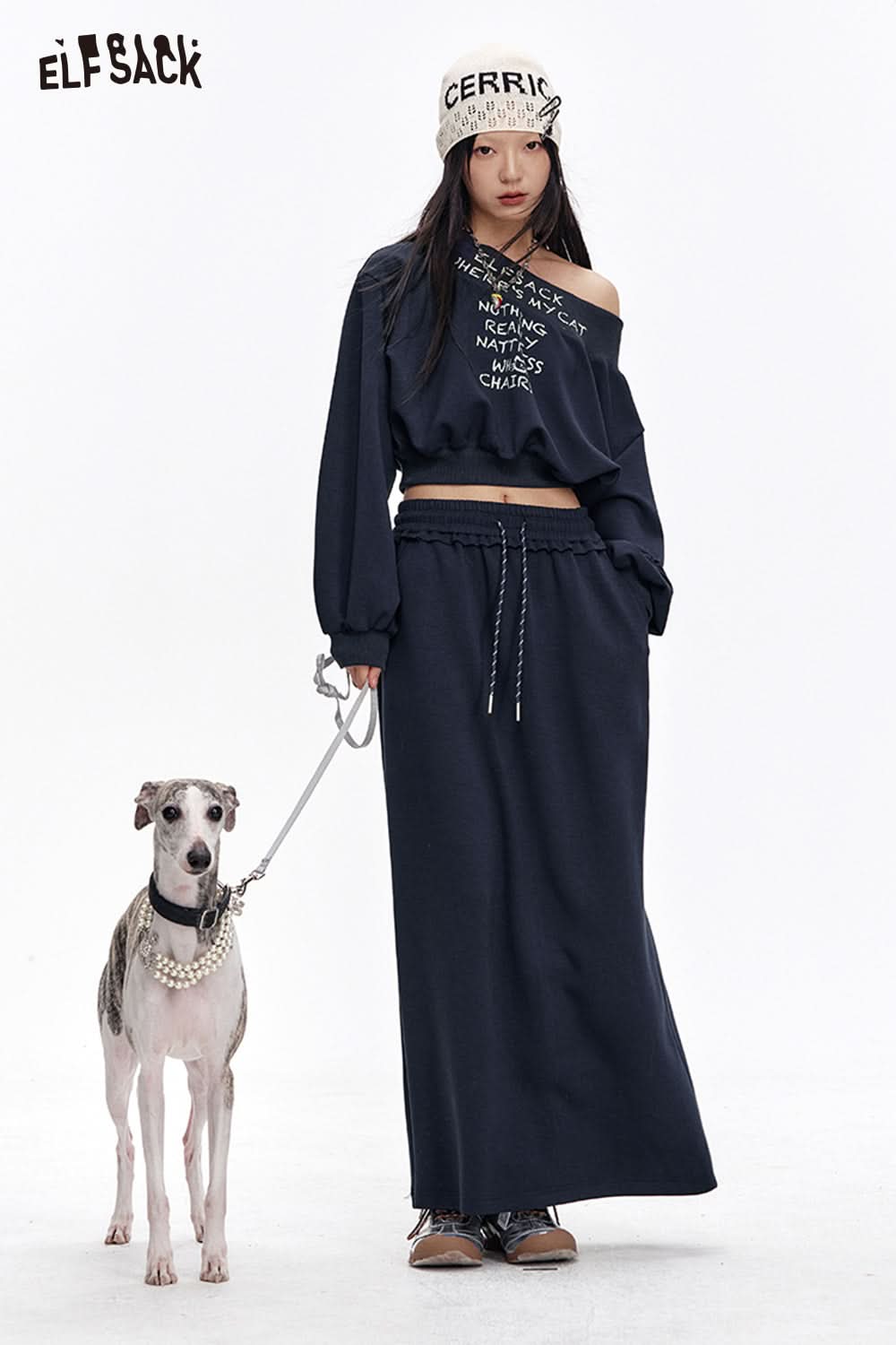 ELFSACK Casual Slash Neck Printed Sweatshirt Suit Women Long Skirt Two-piece Set Female