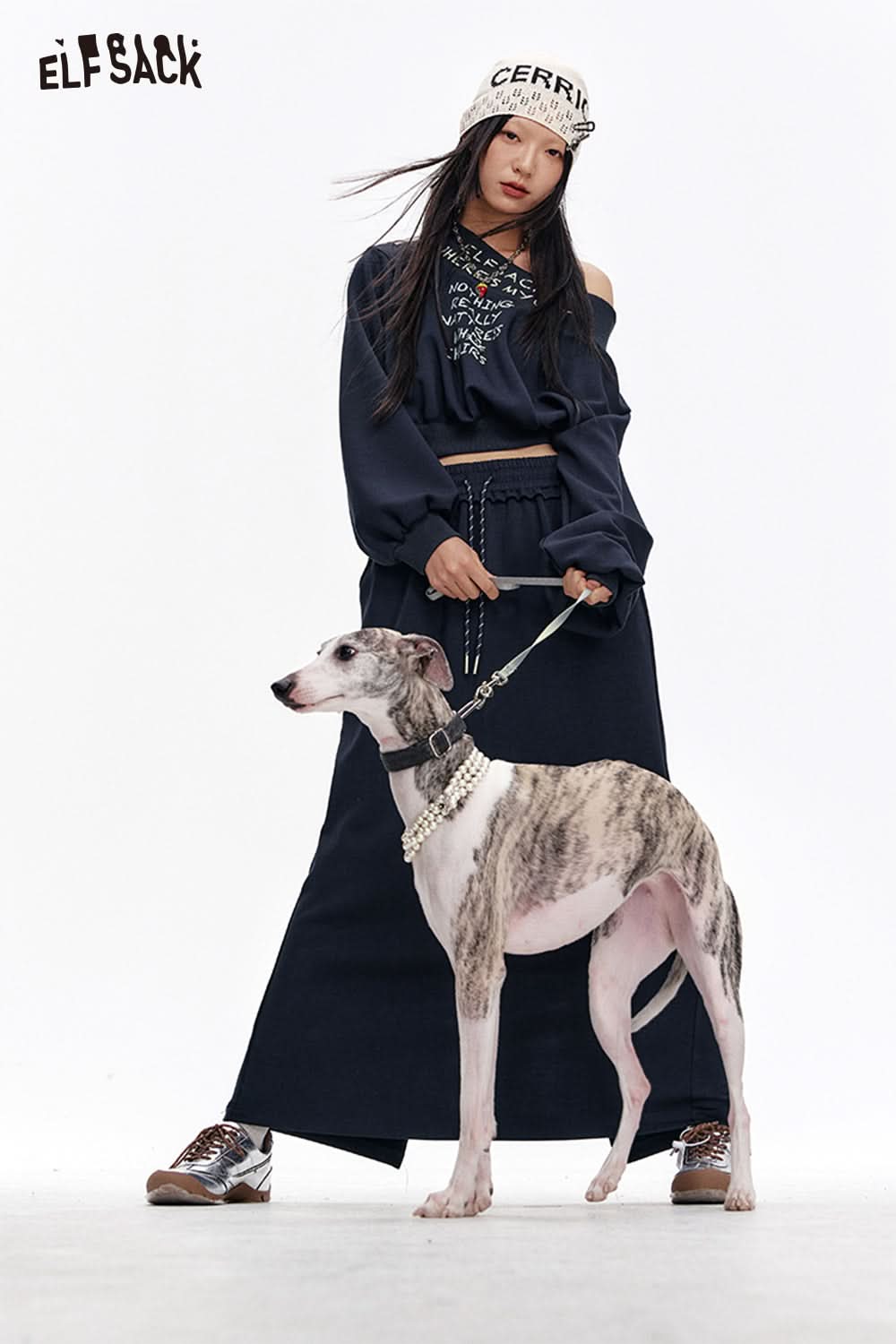 ELFSACK Casual Slash Neck Printed Sweatshirt Suit Women Long Skirt Two-piece Set Female