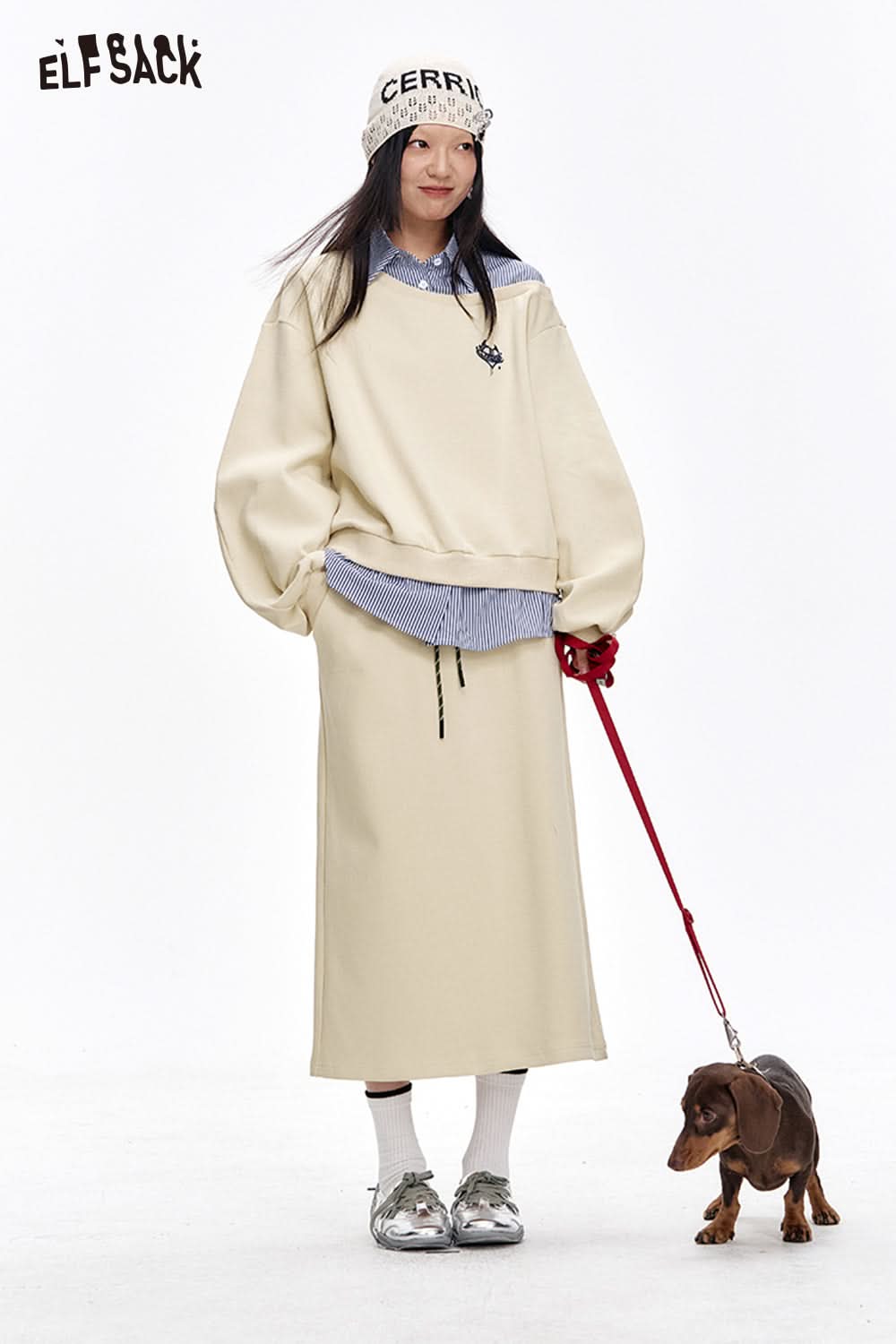 ELFSACK Original Print Patchwork Sweatshirt Suit Women Long Skirt Two-piece Set Female