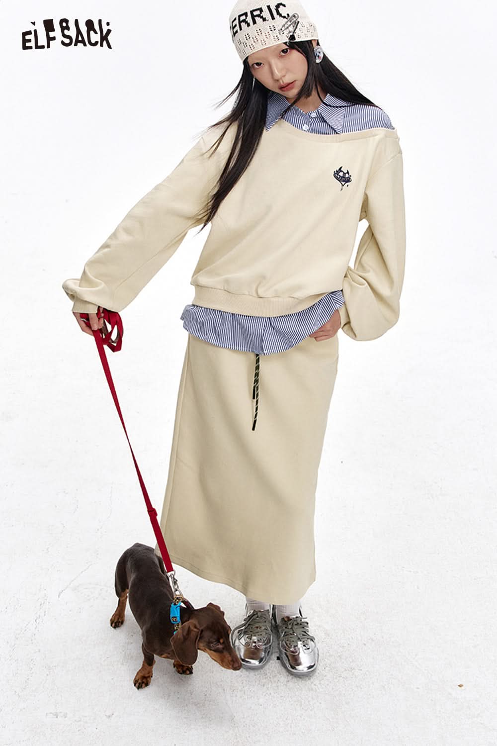 ELFSACK Original Print Patchwork Sweatshirt Suit Women Long Skirt Two-piece Set Female