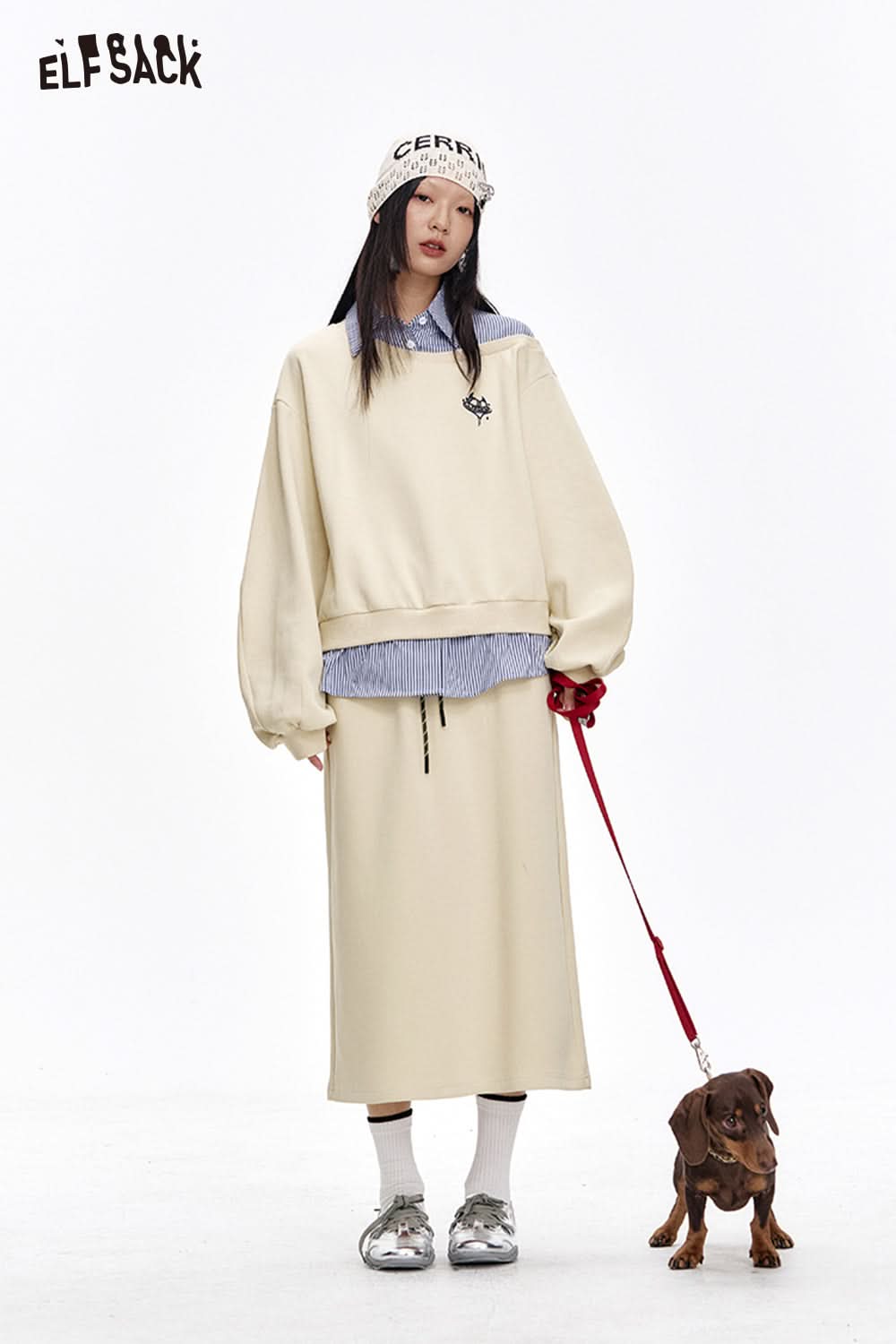 ELFSACK Original Print Patchwork Sweatshirt Suit Women Long Skirt Two-piece Set Female