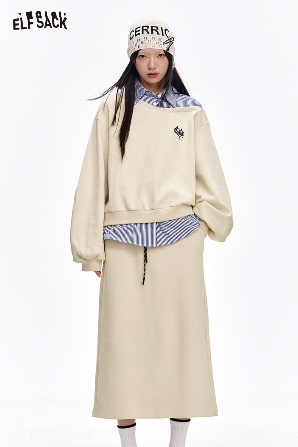 ELFSACK Original Print Patchwork Sweatshirt Suit Women Long Skirt Two-piece Set Female