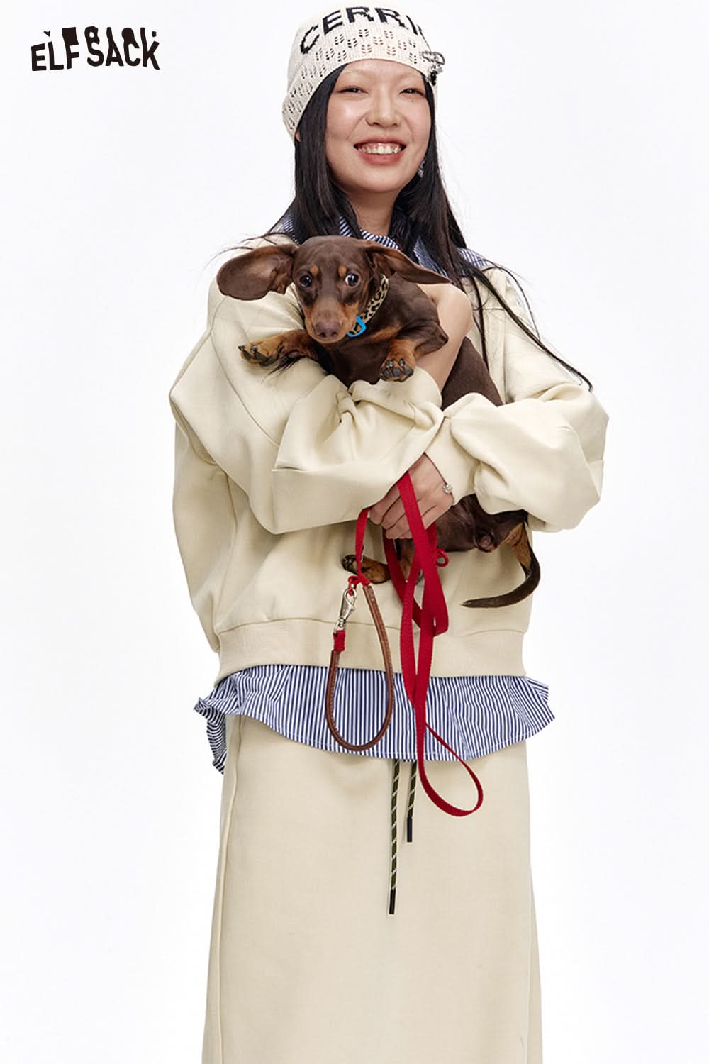 ELFSACK Original Print Patchwork Sweatshirt Suit Women Long Skirt Two-piece Set Female