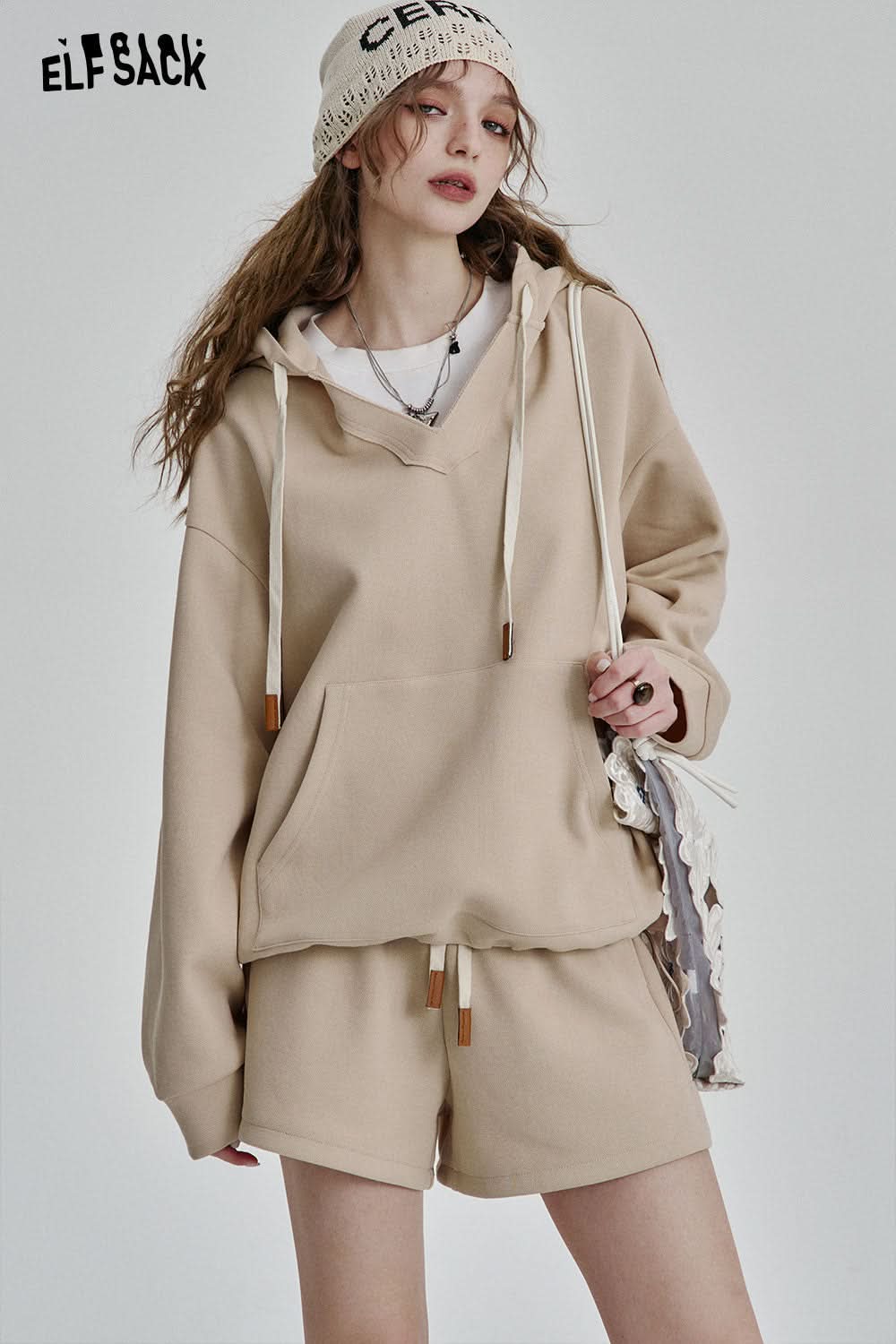 ELFSACK Retro Casual Long Sleeve Hoodies Shorts Two-piece Women's Loose Sports Suit