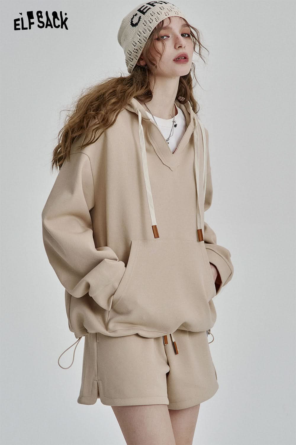 ELFSACK Retro Casual Long Sleeve Hoodies Shorts Two-piece Women's Loose Sports Suit