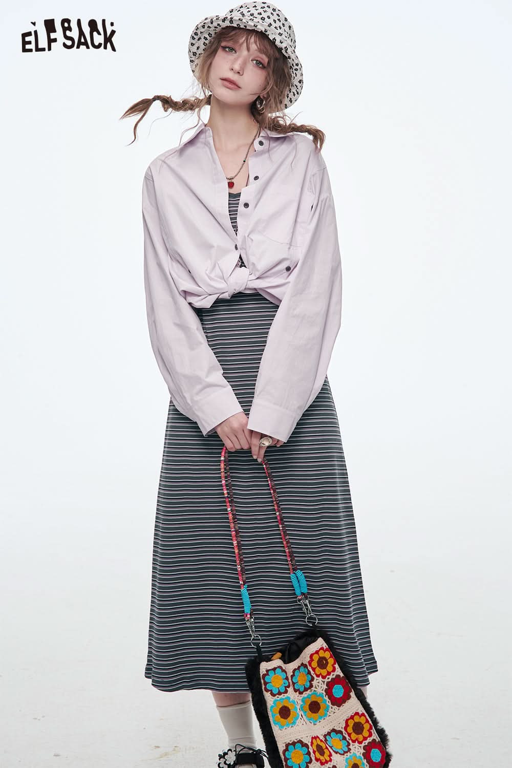 ELFSACK Long Dress Two-piece Set Women's Suits Fashion Stripe Dress