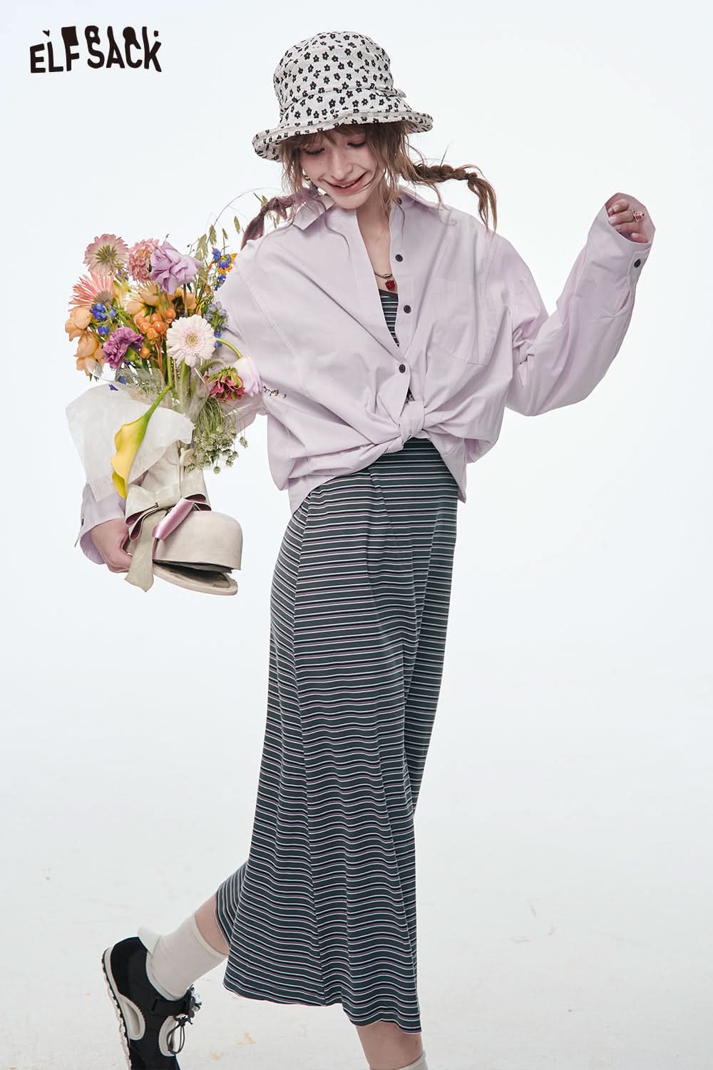 ELFSACK Long Dress Two-piece Set Women's Suits Fashion Stripe Dress