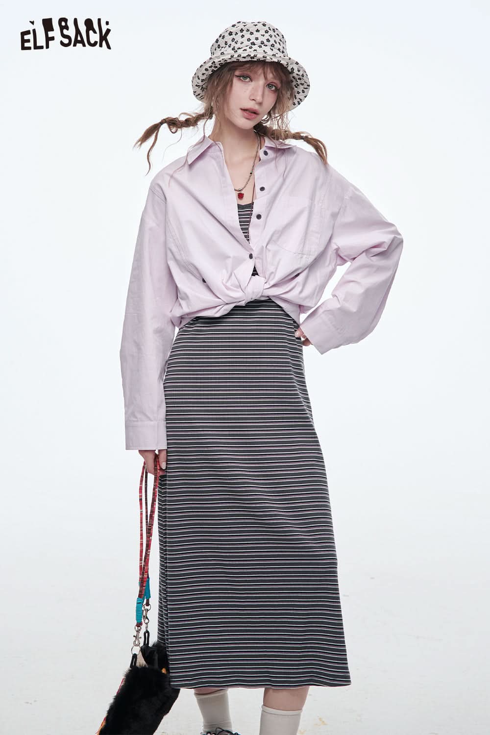 ELFSACK Long Dress Two-piece Set Women's Suits Fashion Stripe Dress