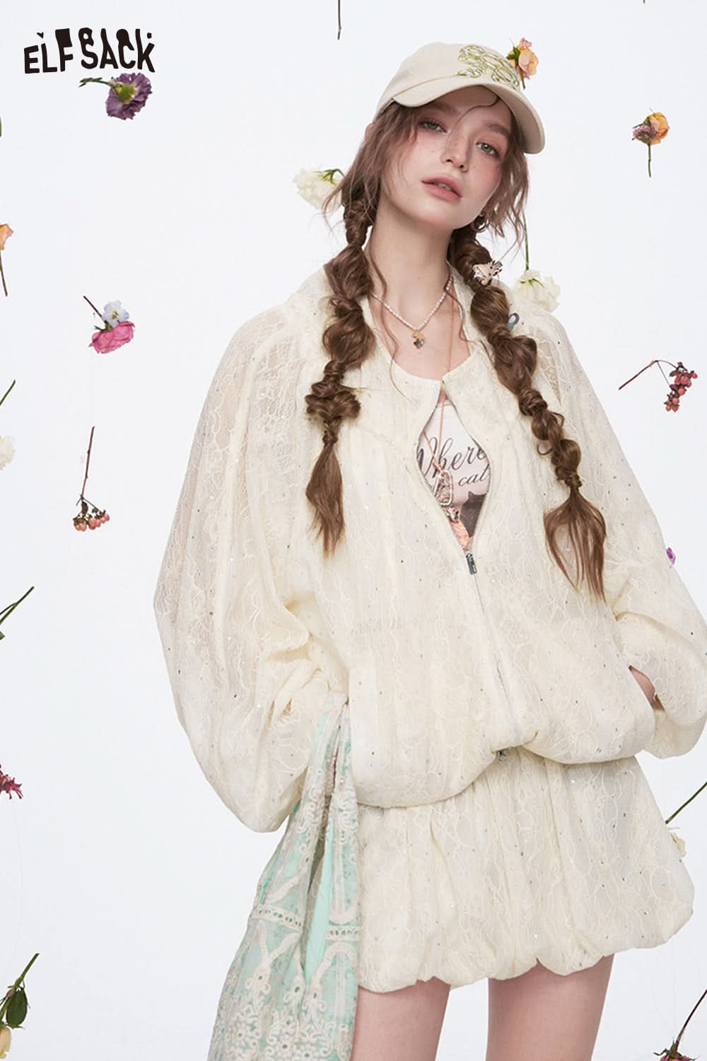 ELFSACK Sweet Off-White Lace Sequin Light Jacket Mini Skirt Two-piece Set Female