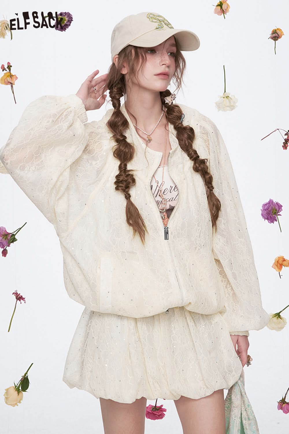 ELFSACK Sweet Off-White Lace Sequin Light Jacket Mini Skirt Two-piece Set Female