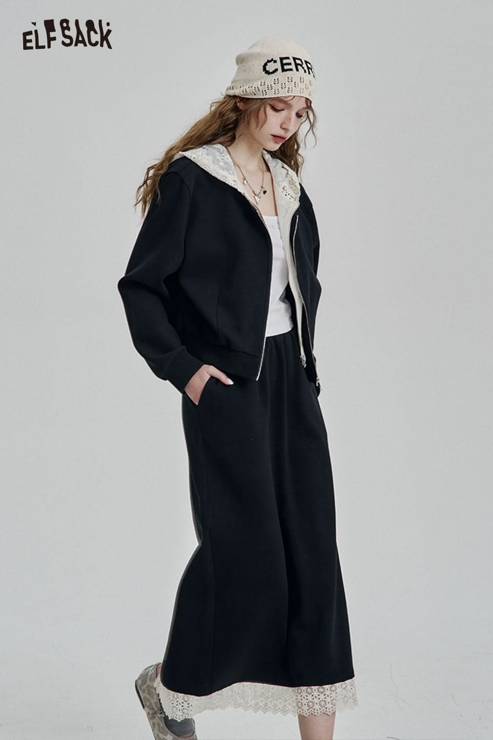 ELFSACK Zipper Hooded Long Sleeve Sweatshirt Long Skirt Set Sport Fashion Female Suits Y2k Clothes