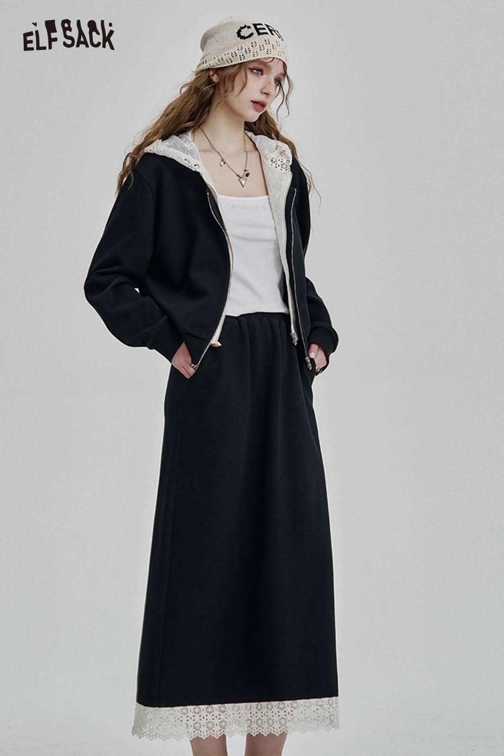 ELFSACK Zipper Hooded Long Sleeve Sweatshirt Long Skirt Set Sport Fashion Female Suits Y2k Clothes