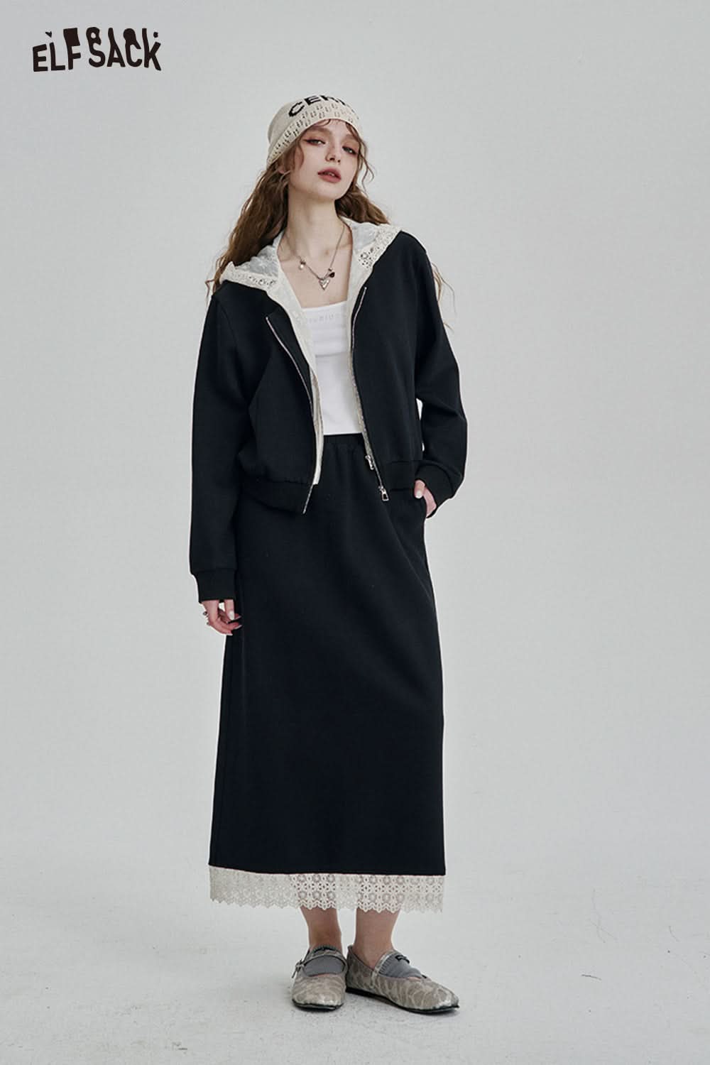 ELFSACK Zipper Hooded Long Sleeve Sweatshirt Long Skirt Set Sport Fashion Female Suits Y2k Clothes