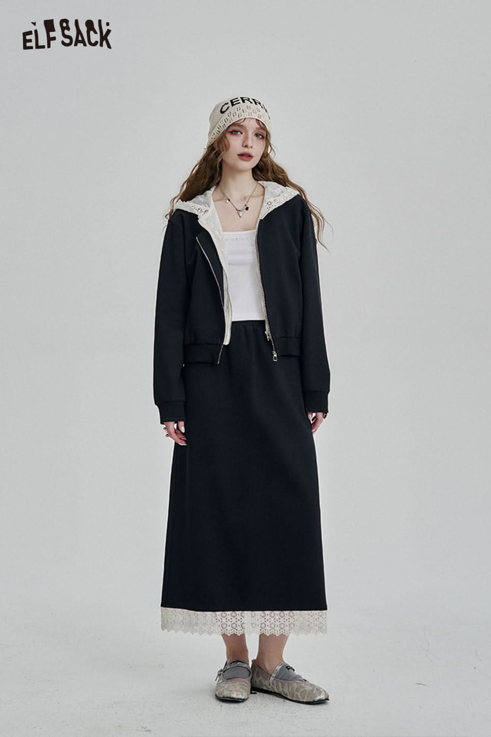 ELFSACK Zipper Hooded Long Sleeve Sweatshirt Long Skirt Set Sport Fashion Female Suits Y2k Clothes