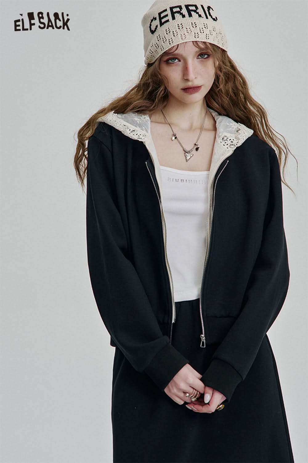 ELFSACK Zipper Hooded Long Sleeve Sweatshirt Long Skirt Set Sport Fashion Female Suits Y2k Clothes