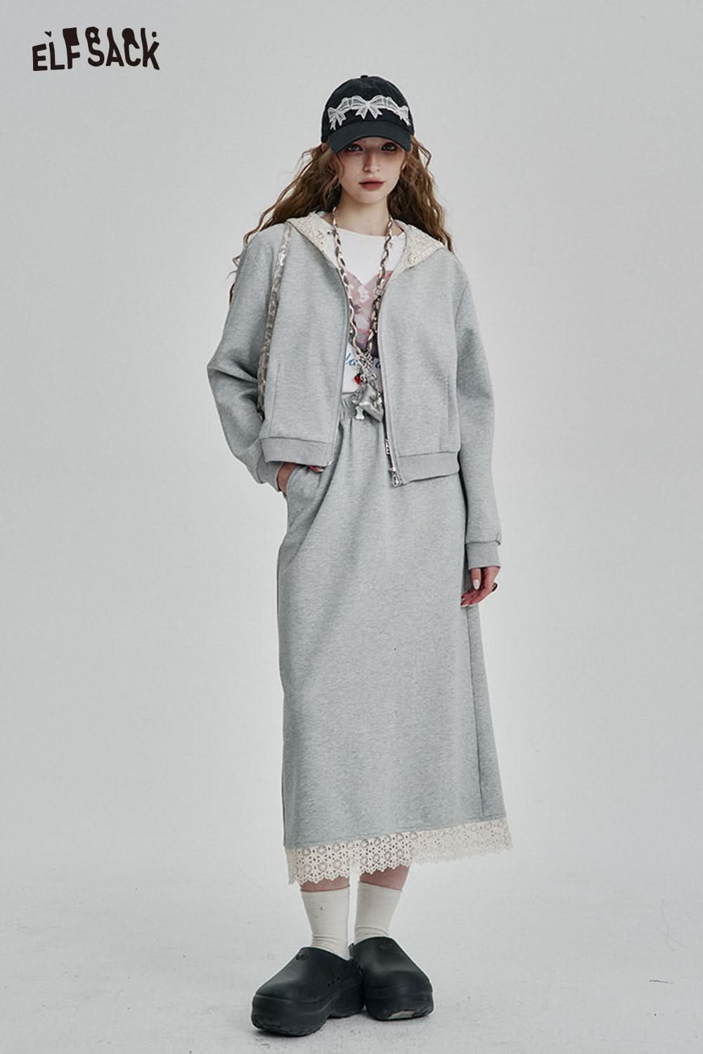 ELFSACK Zipper Hooded Long Sleeve Sweatshirt Long Skirt Set Sport Fashion Female Suits Y2k Clothes