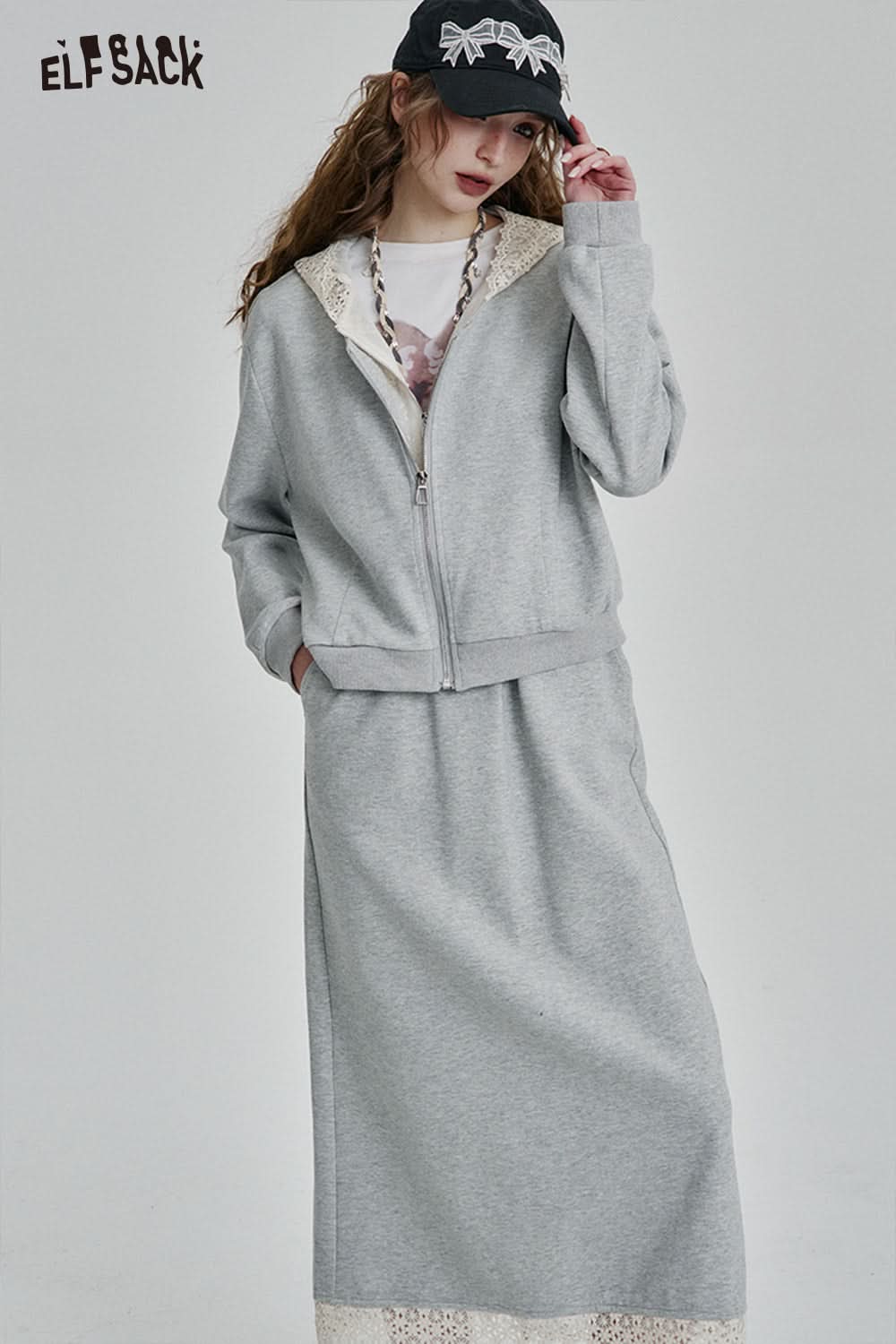 ELFSACK Zipper Hooded Long Sleeve Sweatshirt Long Skirt Set Sport Fashion Female Suits Y2k Clothes