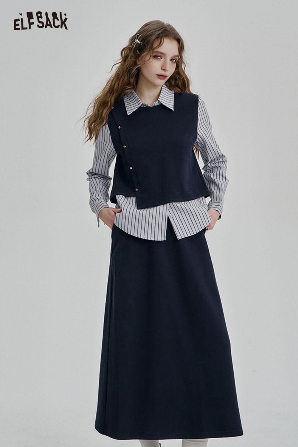 ELFSACK Knitted vest stitching striped shirt skirt Set women's casual elegant suit