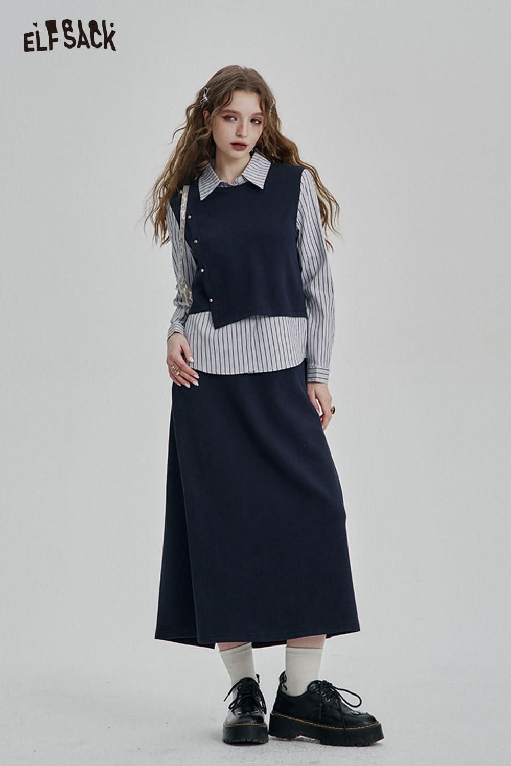 ELFSACK Knitted vest stitching striped shirt skirt Set women's casual elegant suit