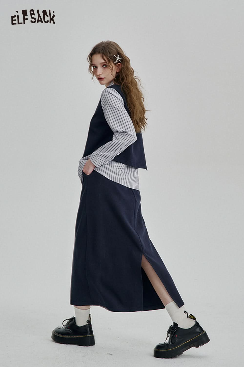 ELFSACK Knitted vest stitching striped shirt skirt Set women's casual elegant suit