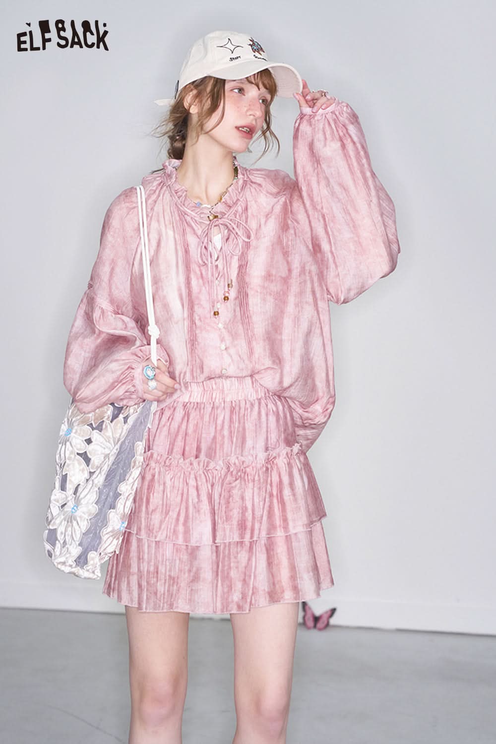 ELFSACK Neo-Chinese Style Pink Shirt Mini Skirt Two-piece Set Female