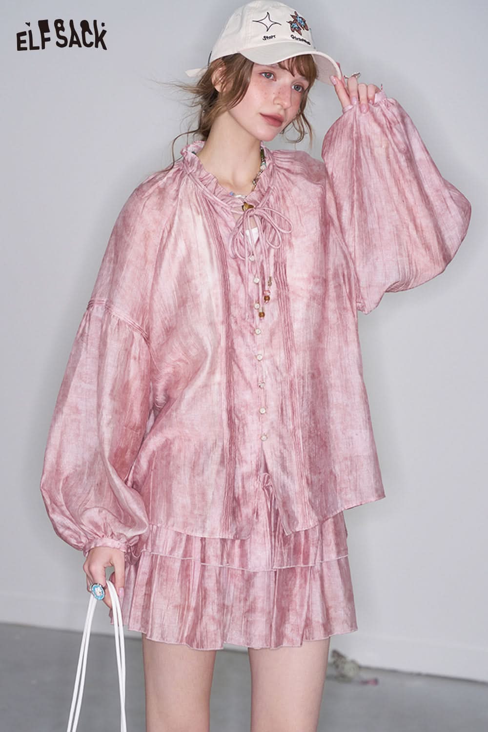 ELFSACK Neo-Chinese Style Pink Shirt Mini Skirt Two-piece Set Female