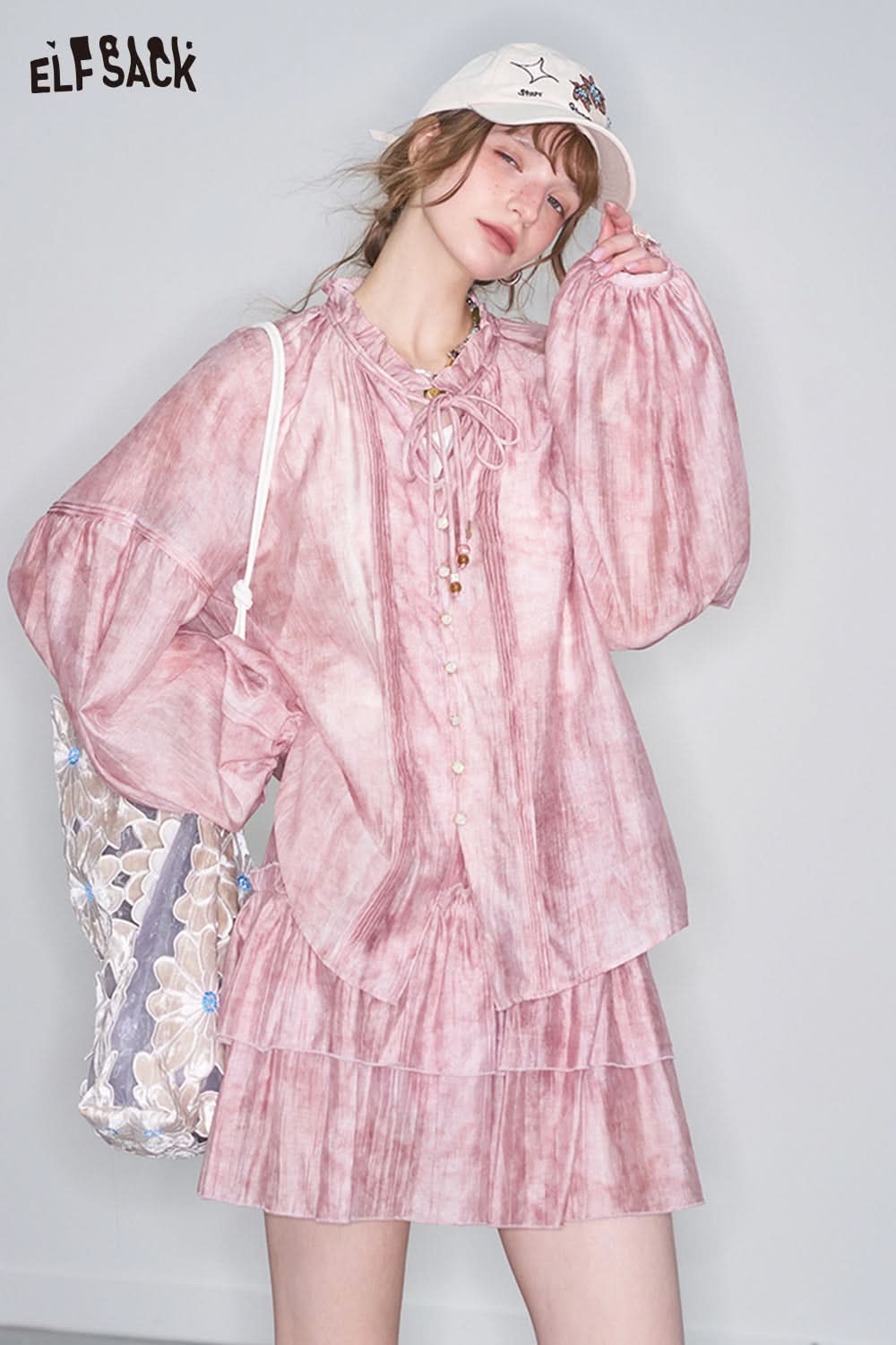 ELFSACK Neo-Chinese Style Pink Shirt Mini Skirt Two-piece Set Female