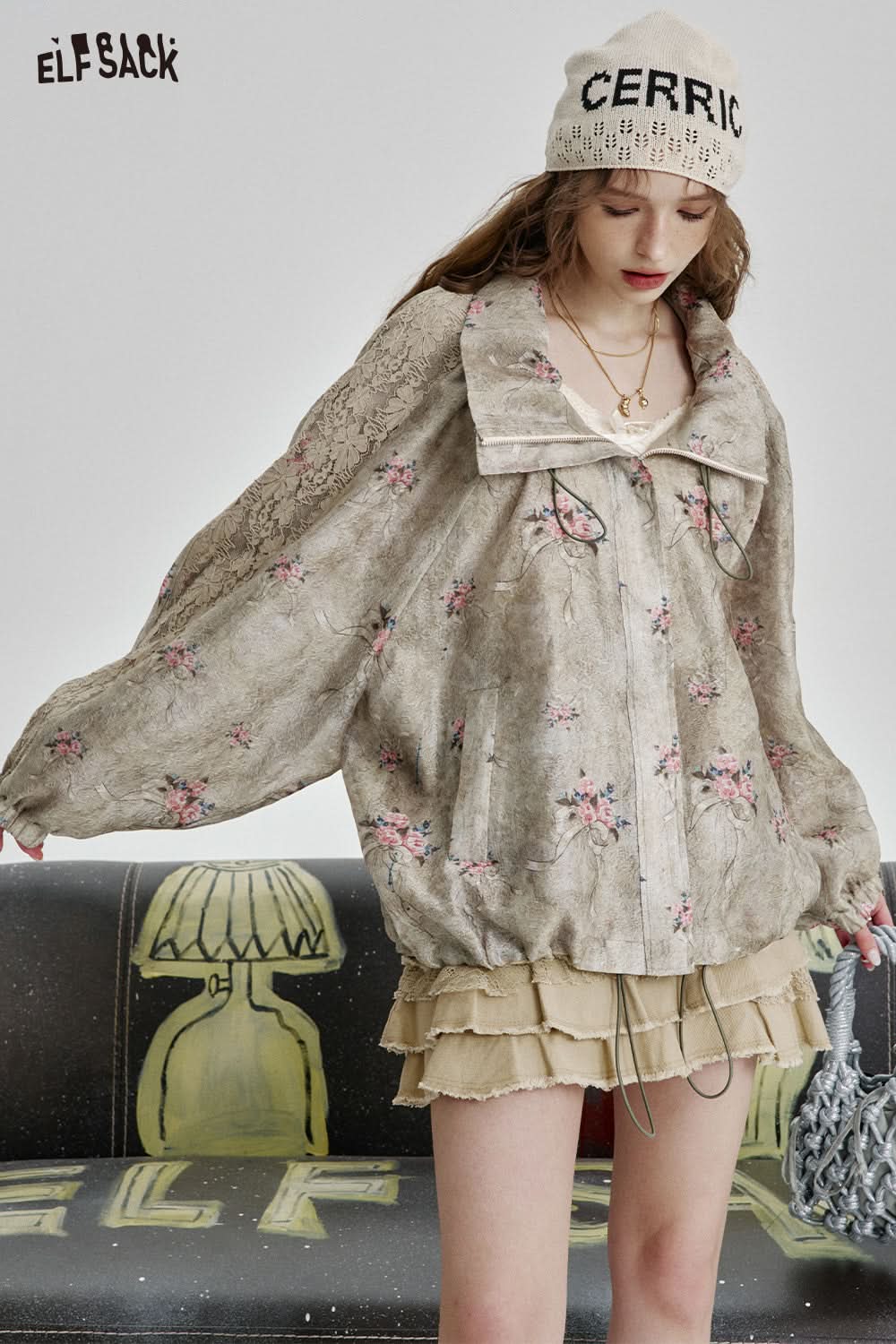 ELFSACK Y2K Khaki Raw Edge Cotton Skirt Women's Splicing Cake Skirt Pleated Multi-layer Mini Skirt