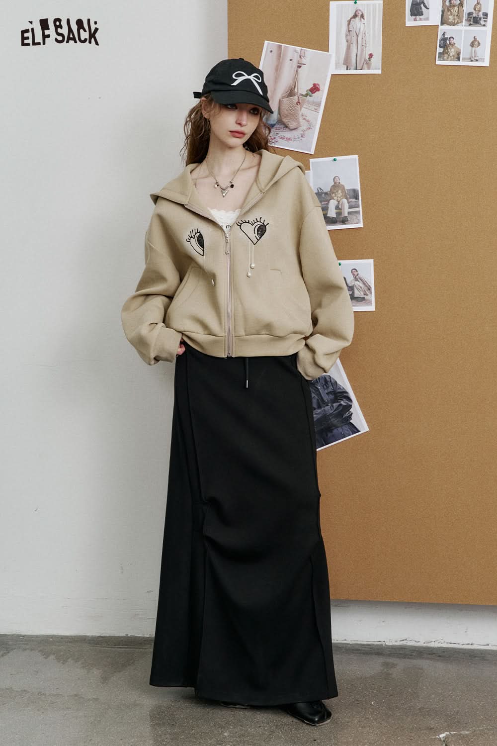 ELFSACK Sweet cool high waist A-line black slim fit skirt pleated slit fishtail skirt