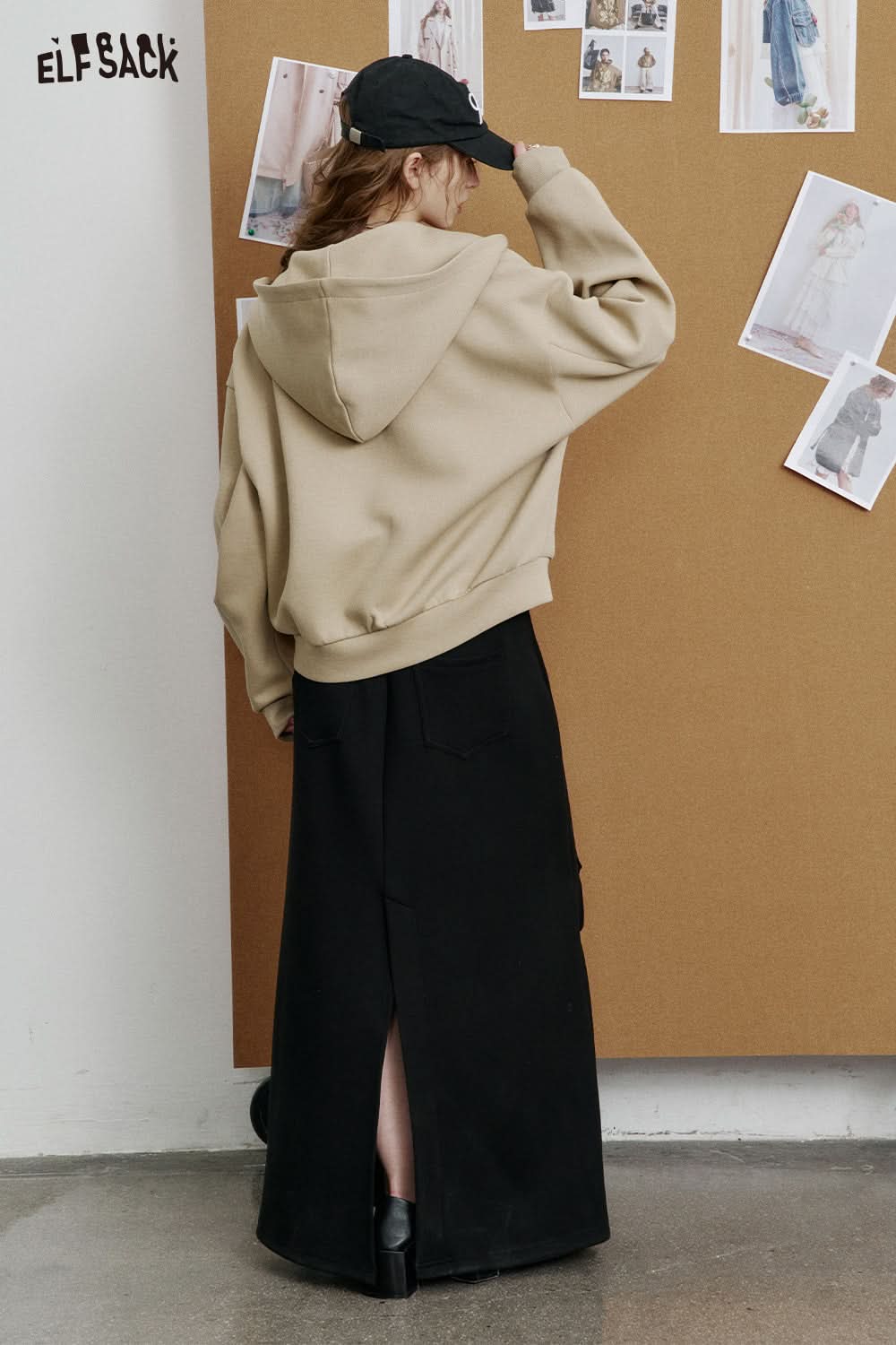 ELFSACK Sweet cool high waist A-line black slim fit skirt pleated slit fishtail skirt