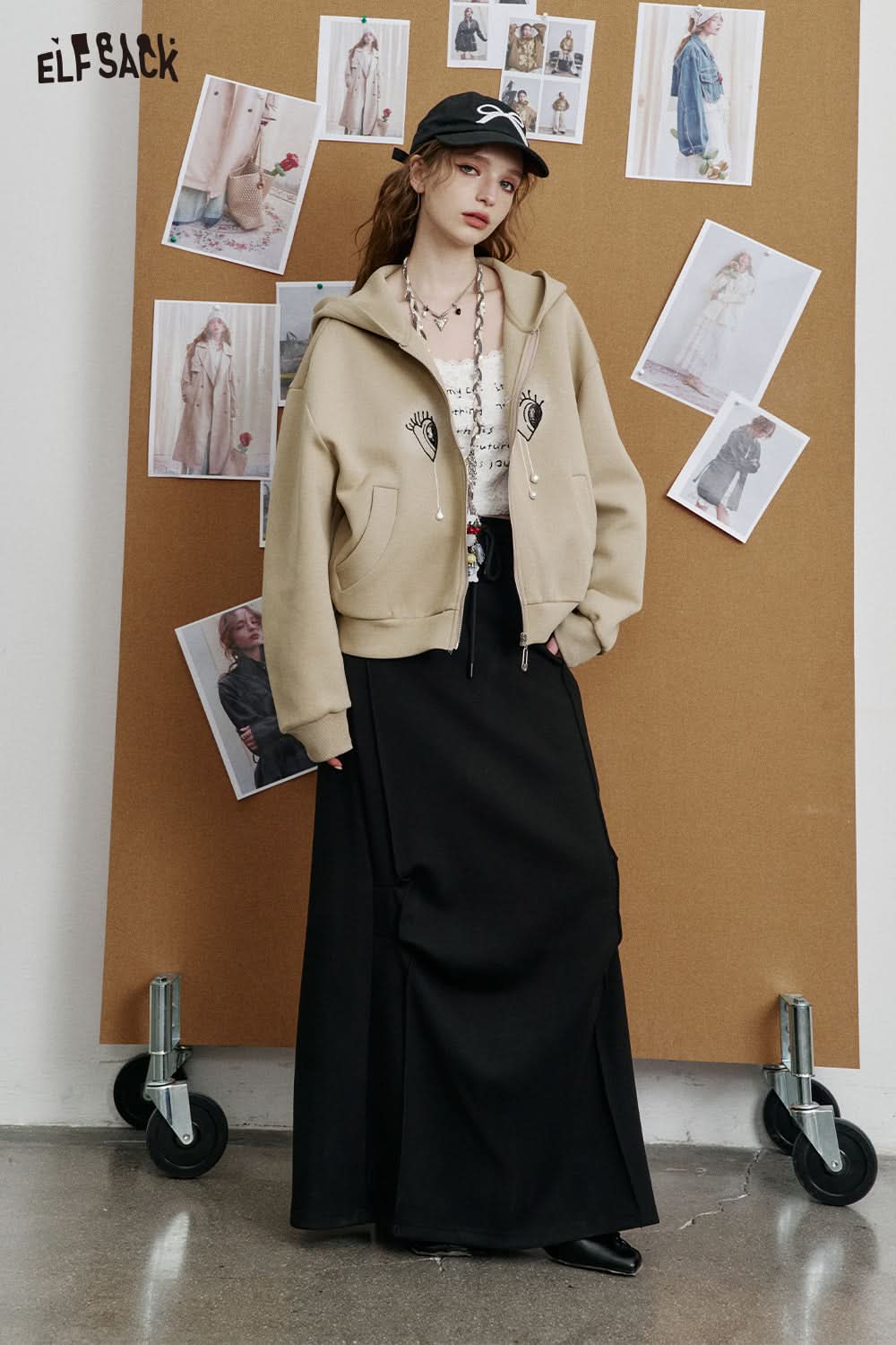 ELFSACK Sweet cool high waist A-line black slim fit skirt pleated slit fishtail skirt