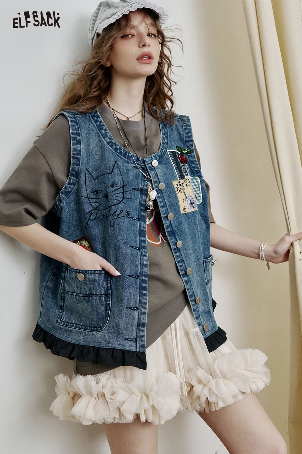 ELFSACK Mesh splicing pleated A-line skirt sweet cake skirt tutu skirt